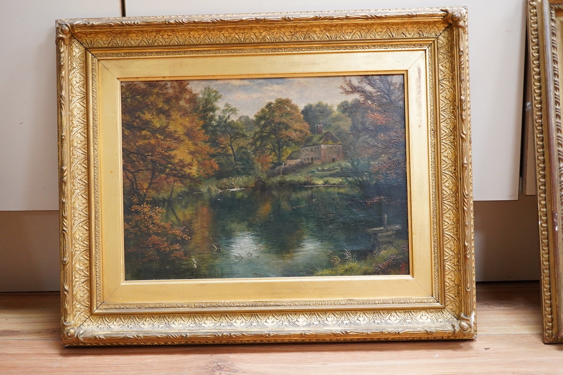 Victorian School, 'Homewell, Bramshott, Hants', monogrammed 'EL' and dated 1888, oil on canvas, together with another 19th century oil of a woman holding a sheaf of corn, unsigned, largest 24 x 34cm